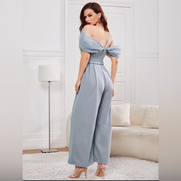 SHEIN Asymmetrical Neck Mesh Insert Fold Pleated Wide Leg Jumpsuit - Picture 4 of 4